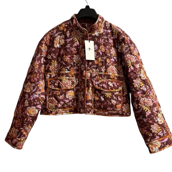 7 For All Mankind Jacket Womens M Dark Floral Quilted Cropped Lined Boho Hippie - Picture 1 of 9